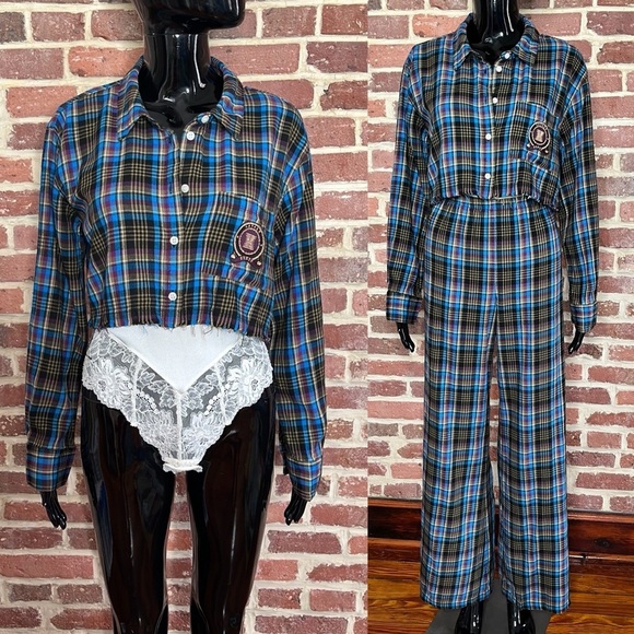 Savage x Fenty Tied Up Tartan Raw Hem Cropped Sleep Shirt in Blue Size S - Picture 2 of 8